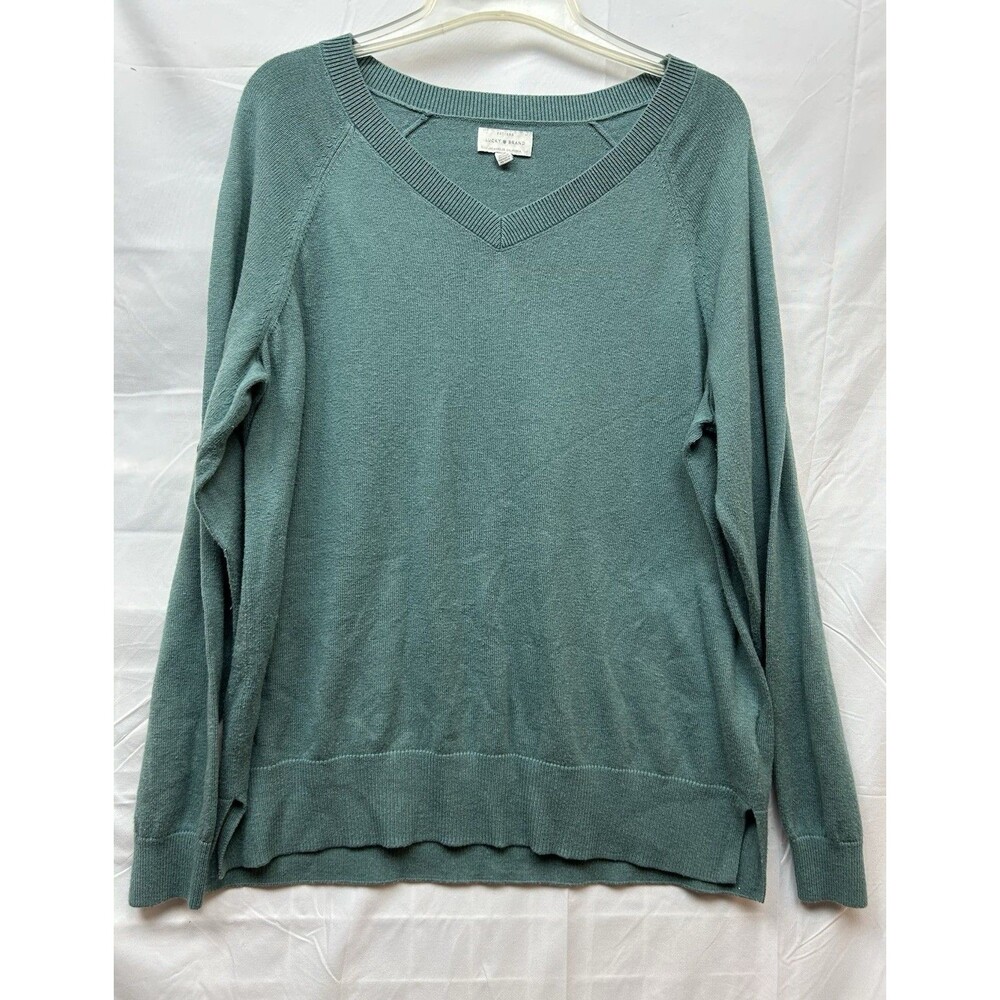 Lucky Brand Womens L Teal Green V Neck Cotton Blend Sweater Side Slit Pullover
